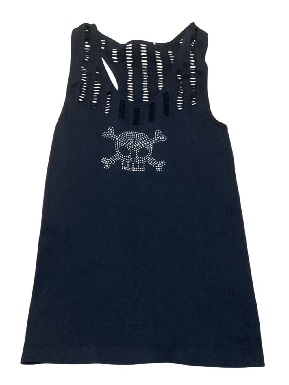 Rhinestone Skull Tank Top Sz S Black Laser Cut Chest & Back Bling Womens